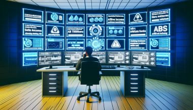 Hightech-Büroumgebung mit Content-Monetarisierungs-Dashboard, digitalen Diagrammen, Payment-Logos, laufenden A/B-Tests und Warnhinweisen, im Vordergrund eine nachdenkliche Person vor mehreren Bildschirmen.