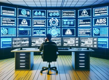 Hightech-Büroumgebung mit Content-Monetarisierungs-Dashboard, digitalen Diagrammen, Payment-Logos, laufenden A/B-Tests und Warnhinweisen, im Vordergrund eine nachdenkliche Person vor mehreren Bildschirmen.