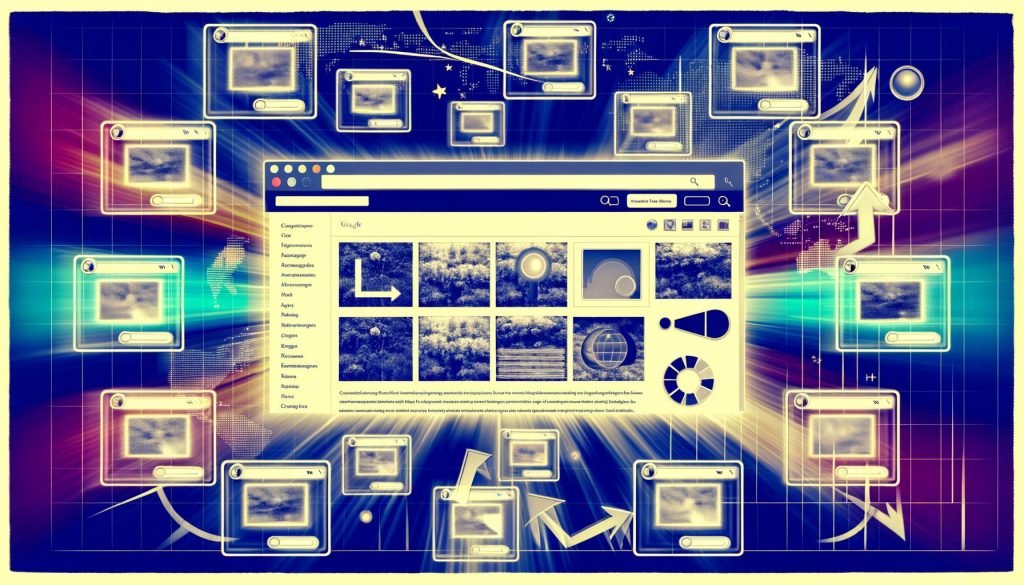 Modernes Dashboard mit umgebenden scharfen und unscharfen Bild-Thumbnails, SEO-Symbole, und ansteigenden Google-Ranking-Charts.
