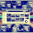 Modernes Dashboard mit umgebenden scharfen und unscharfen Bild-Thumbnails, SEO-Symbole, und ansteigenden Google-Ranking-Charts.