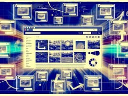 Modernes Dashboard mit umgebenden scharfen und unscharfen Bild-Thumbnails, SEO-Symbole, und ansteigenden Google-Ranking-Charts.