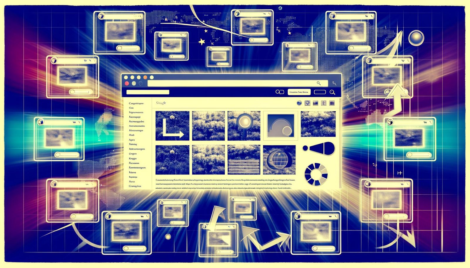 Modernes Dashboard mit umgebenden scharfen und unscharfen Bild-Thumbnails, SEO-Symbole, und ansteigenden Google-Ranking-Charts.