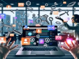Dynamische Illustration zeigt einen modernen Content-Creator am Laptop, vernetzt mit Bloggern, Influencern und Publishern auf einem digitalen Spielfeld mit Kommunikationskanälen und Marketing-Icons.