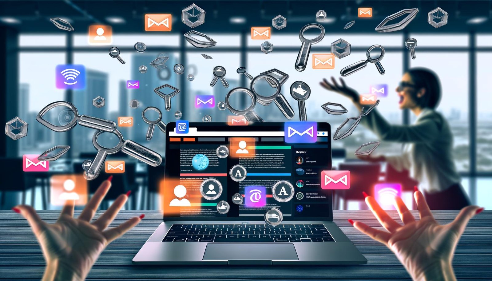Dynamische Illustration zeigt einen modernen Content-Creator am Laptop, vernetzt mit Bloggern, Influencern und Publishern auf einem digitalen Spielfeld mit Kommunikationskanälen und Marketing-Icons.