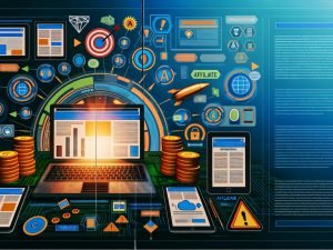 Magazin-Doppelseite im modernen Clean-Techno-Design mit leuchtendem Laptop, Daten-Visualisierungen, Payment- und Affiliate-Symbolen, Geräten für Multichannel-Strategien sowie Goldmünzen, E-Book-Covern und integrierten Warnhinweisen. Fokus auf digitale Monetarisierung 2025.