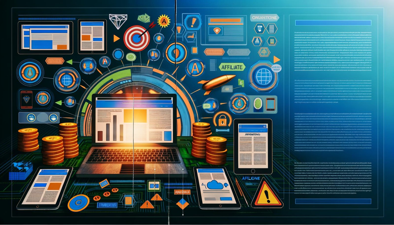 Magazin-Doppelseite im modernen Clean-Techno-Design mit leuchtendem Laptop, Daten-Visualisierungen, Payment- und Affiliate-Symbolen, Geräten für Multichannel-Strategien sowie Goldmünzen, E-Book-Covern und integrierten Warnhinweisen. Fokus auf digitale Monetarisierung 2025.