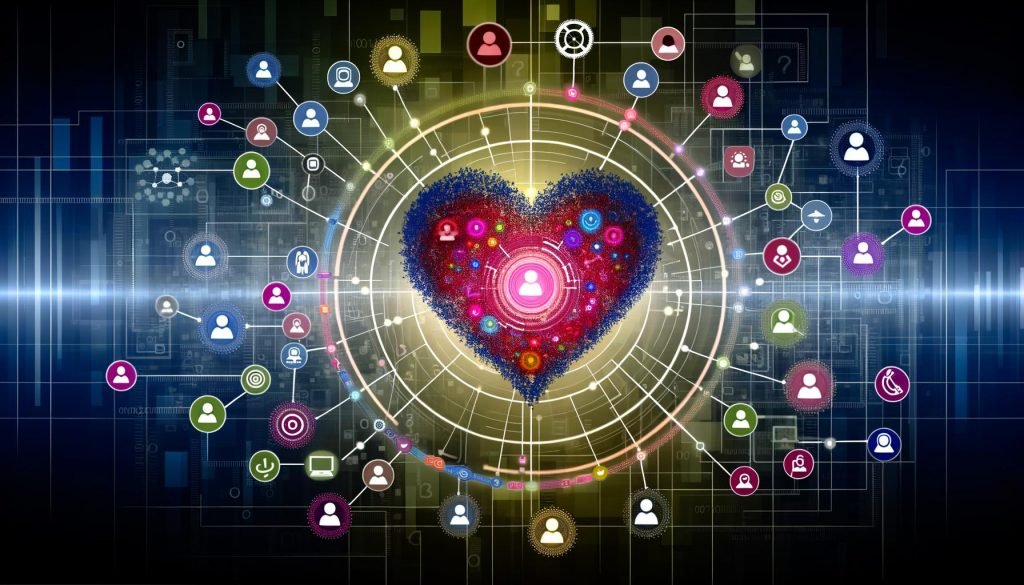 Illustration eines stilisierten Herzens aus verknüpften Datenpunkten und Symbolen wie Personen, Geräten und Diagrammen, verbunden mit Icons für verschiedene Marketingkanäle auf digitalem, dynamischem Hintergrund.
