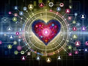 Illustration eines stilisierten Herzens aus verknüpften Datenpunkten und Symbolen wie Personen, Geräten und Diagrammen, verbunden mit Icons für verschiedene Marketingkanäle auf digitalem, dynamischem Hintergrund.