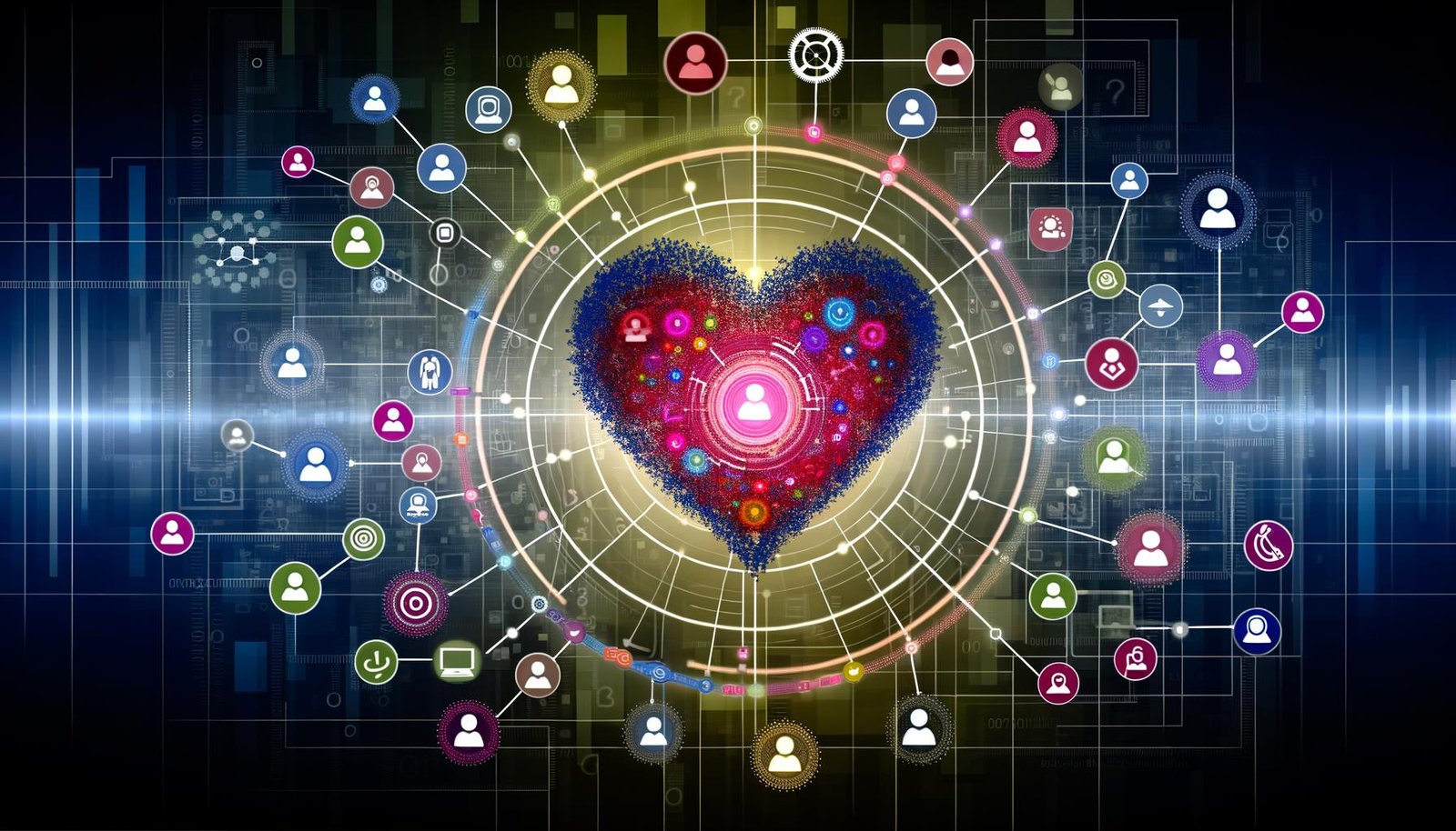 Illustration eines stilisierten Herzens aus verknüpften Datenpunkten und Symbolen wie Personen, Geräten und Diagrammen, verbunden mit Icons für verschiedene Marketingkanäle auf digitalem, dynamischem Hintergrund.