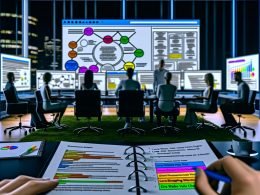 Modernes Büro bei Nacht mit mehreren Menschen in angespannter Gruppendiskussion vor großer Bildschirmfläche, die komplexe Website-Architektur und SEO-Daten zeigt. Im Vordergrund ein SEO-Notizblock, im Hintergrund Monitore mit Tools wie Screaming Frog.