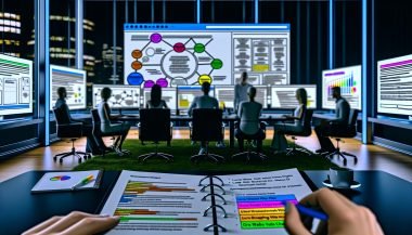 Modernes Büro bei Nacht mit mehreren Menschen in angespannter Gruppendiskussion vor großer Bildschirmfläche, die komplexe Website-Architektur und SEO-Daten zeigt. Im Vordergrund ein SEO-Notizblock, im Hintergrund Monitore mit Tools wie Screaming Frog.