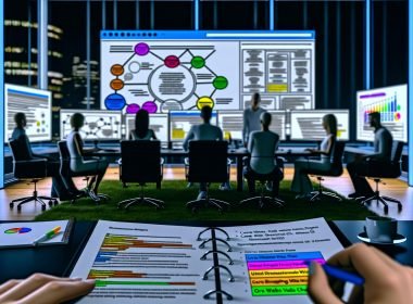 Modernes Büro bei Nacht mit mehreren Menschen in angespannter Gruppendiskussion vor großer Bildschirmfläche, die komplexe Website-Architektur und SEO-Daten zeigt. Im Vordergrund ein SEO-Notizblock, im Hintergrund Monitore mit Tools wie Screaming Frog.