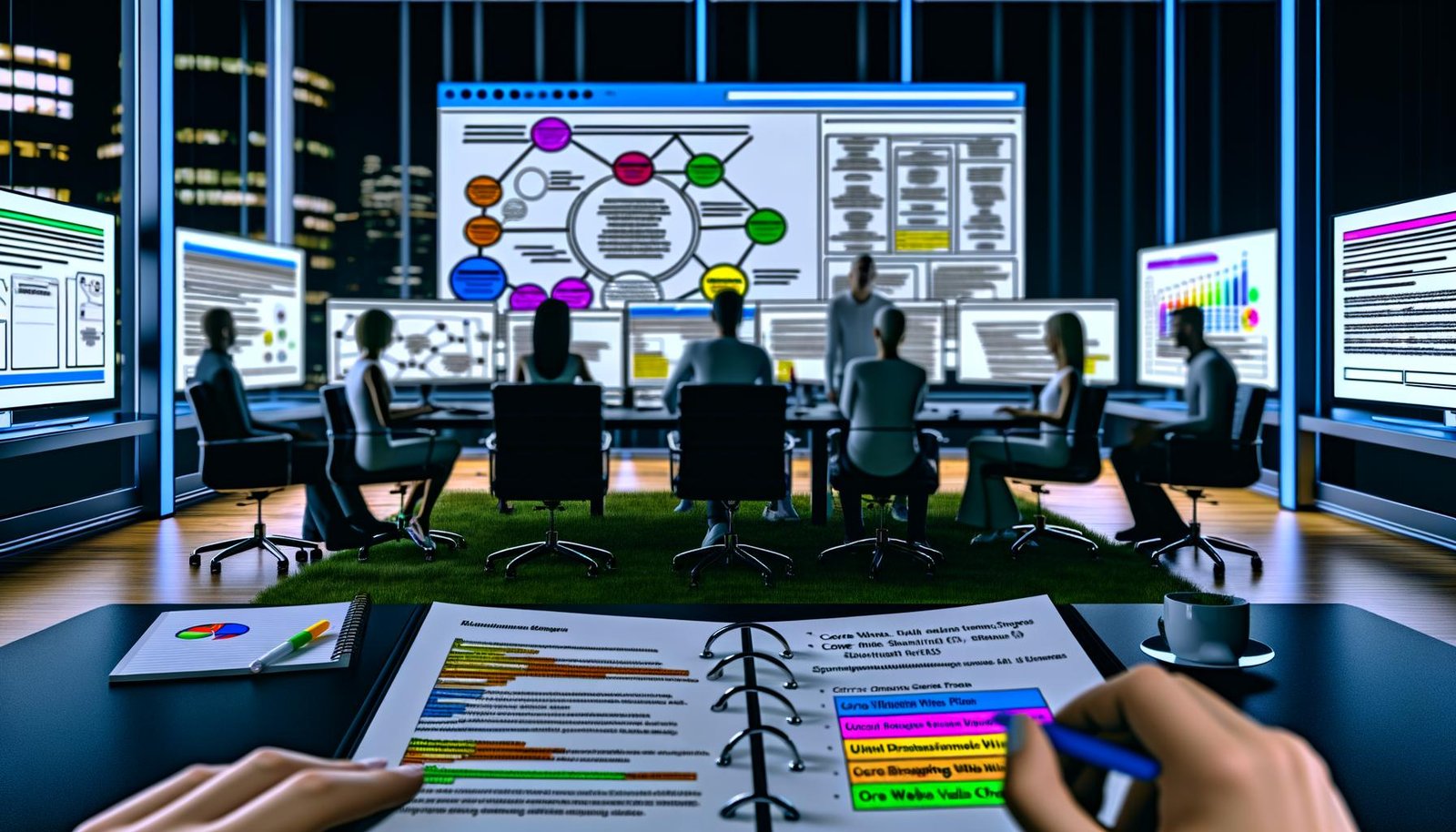Modernes Büro bei Nacht mit mehreren Menschen in angespannter Gruppendiskussion vor großer Bildschirmfläche, die komplexe Website-Architektur und SEO-Daten zeigt. Im Vordergrund ein SEO-Notizblock, im Hintergrund Monitore mit Tools wie Screaming Frog.