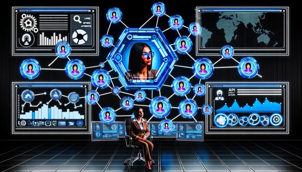 Digitaler Kontrollraum mit Marketingprofi vor mehreren transparenten Dashboards voller Datenströme, KPIs, Netzwerkverbindungen und automationsgestützten Analysetools.