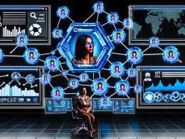 Digitaler Kontrollraum mit Marketingprofi vor mehreren transparenten Dashboards voller Datenströme, KPIs, Netzwerkverbindungen und automationsgestützten Analysetools.