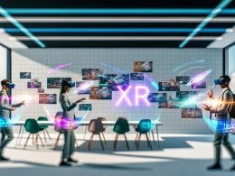 Personen mit XR-Brillen in einem modernen Büro, die mit holografischen, farbigen 3D-Anzeigen und digitalen Inhalten interagieren