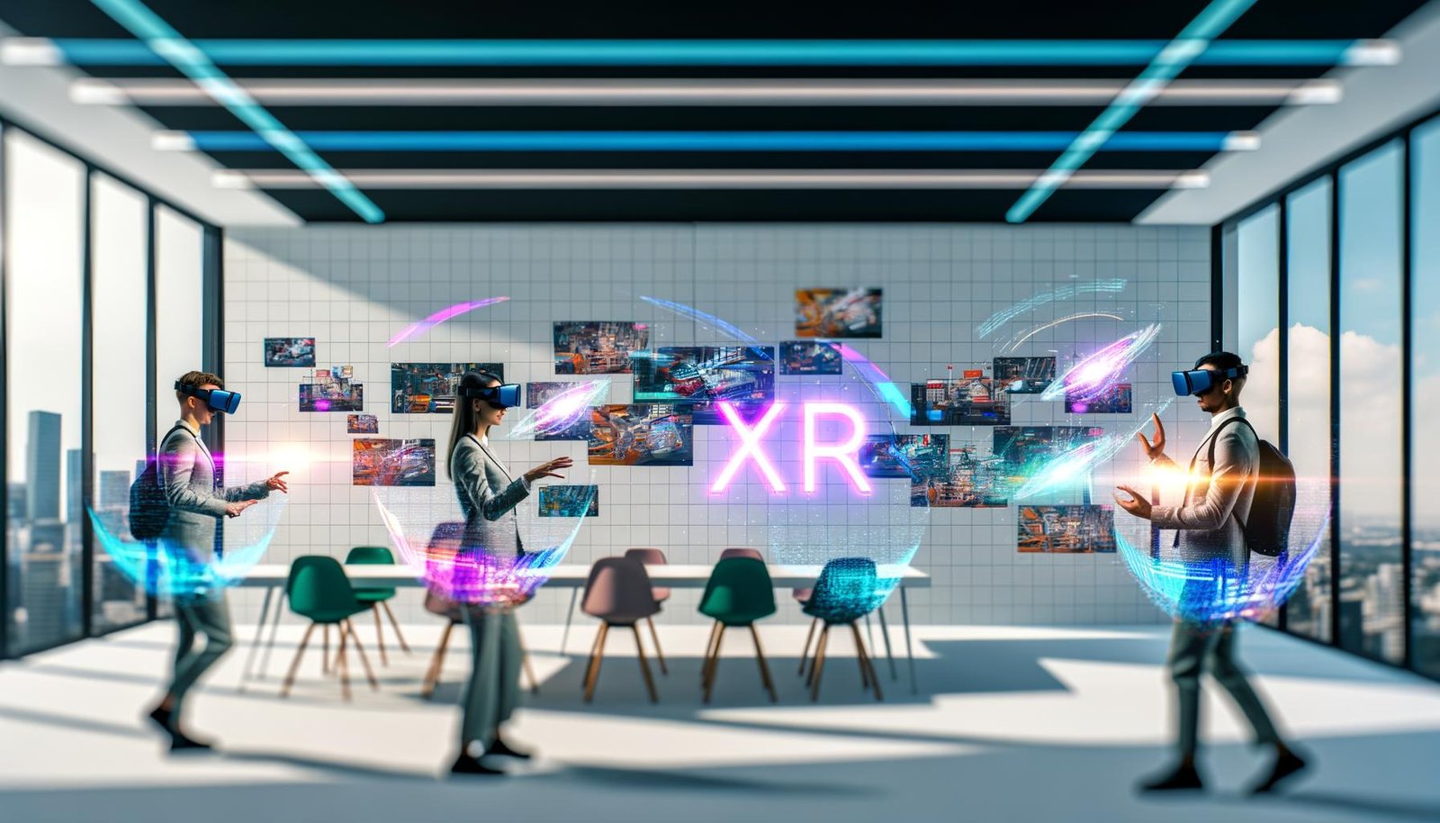 Personen mit XR-Brillen in einem modernen Büro, die mit holografischen, farbigen 3D-Anzeigen und digitalen Inhalten interagieren