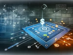 Modernes Titelbild mit digitalem Spielfeld, auf dem Content-Bausteine durch leuchtende Linien mit Geldsymbolen und Technik-Icons verknüpft sind; im Fokus eine strukturierte Blaupause mit High-Tech-Grafiken im Hintergrund.