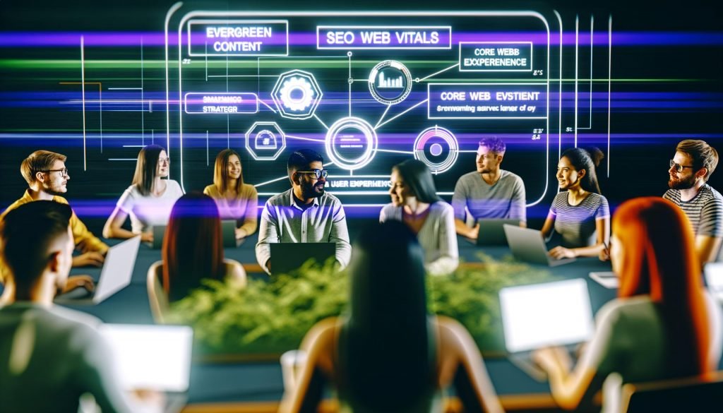 Junge Menschen in einem modernen Seminarraum, die an Laptops sitzen und konzentriert einem SEO-Vortrag vor einem Whiteboard mit Diagrammen und Fachbegriffen zuhören.