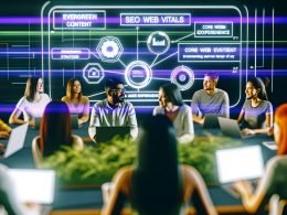 Junge Menschen in einem modernen Seminarraum, die an Laptops sitzen und konzentriert einem SEO-Vortrag vor einem Whiteboard mit Diagrammen und Fachbegriffen zuhören.