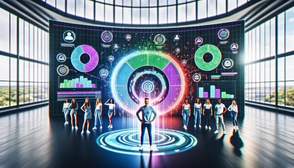 Innovatives Marketing-Team in modernem Büro betrachtet interaktive Dashboards mit Audience-Segmenten, Datenvisualisierungen und Tools zur Datenintegration.