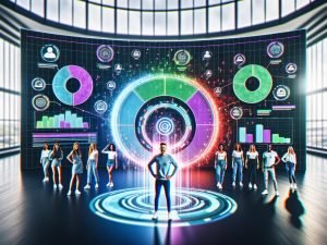 Innovatives Marketing-Team in modernem Büro betrachtet interaktive Dashboards mit Audience-Segmenten, Datenvisualisierungen und Tools zur Datenintegration.