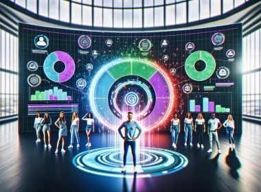 Innovatives Marketing-Team in modernem Büro betrachtet interaktive Dashboards mit Audience-Segmenten, Datenvisualisierungen und Tools zur Datenintegration.