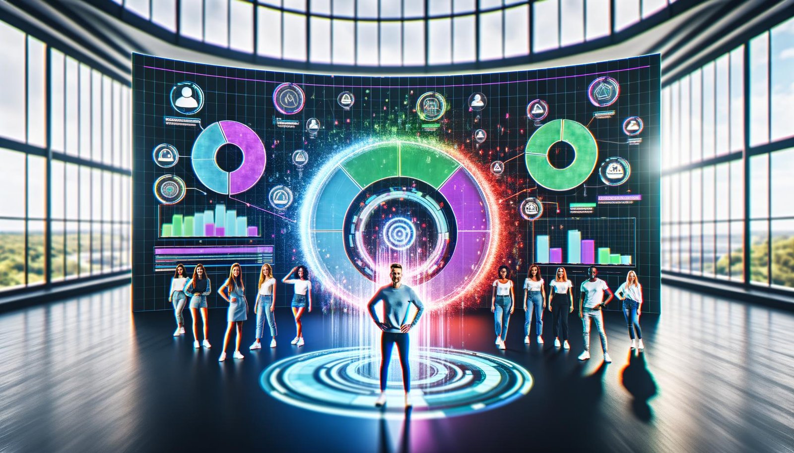 Innovatives Marketing-Team in modernem Büro betrachtet interaktive Dashboards mit Audience-Segmenten, Datenvisualisierungen und Tools zur Datenintegration.