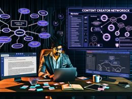 Moderner Arbeitsplatz eines Marketers mit Laptop, Tablet, Kaffeetasse, SEO-Analysen, personalisierter Blogger-E-Mail und Outreach-CRM-Dashboard, inspiriert von hochprofessionellem Blogger-Outreach im Jahr 2024.