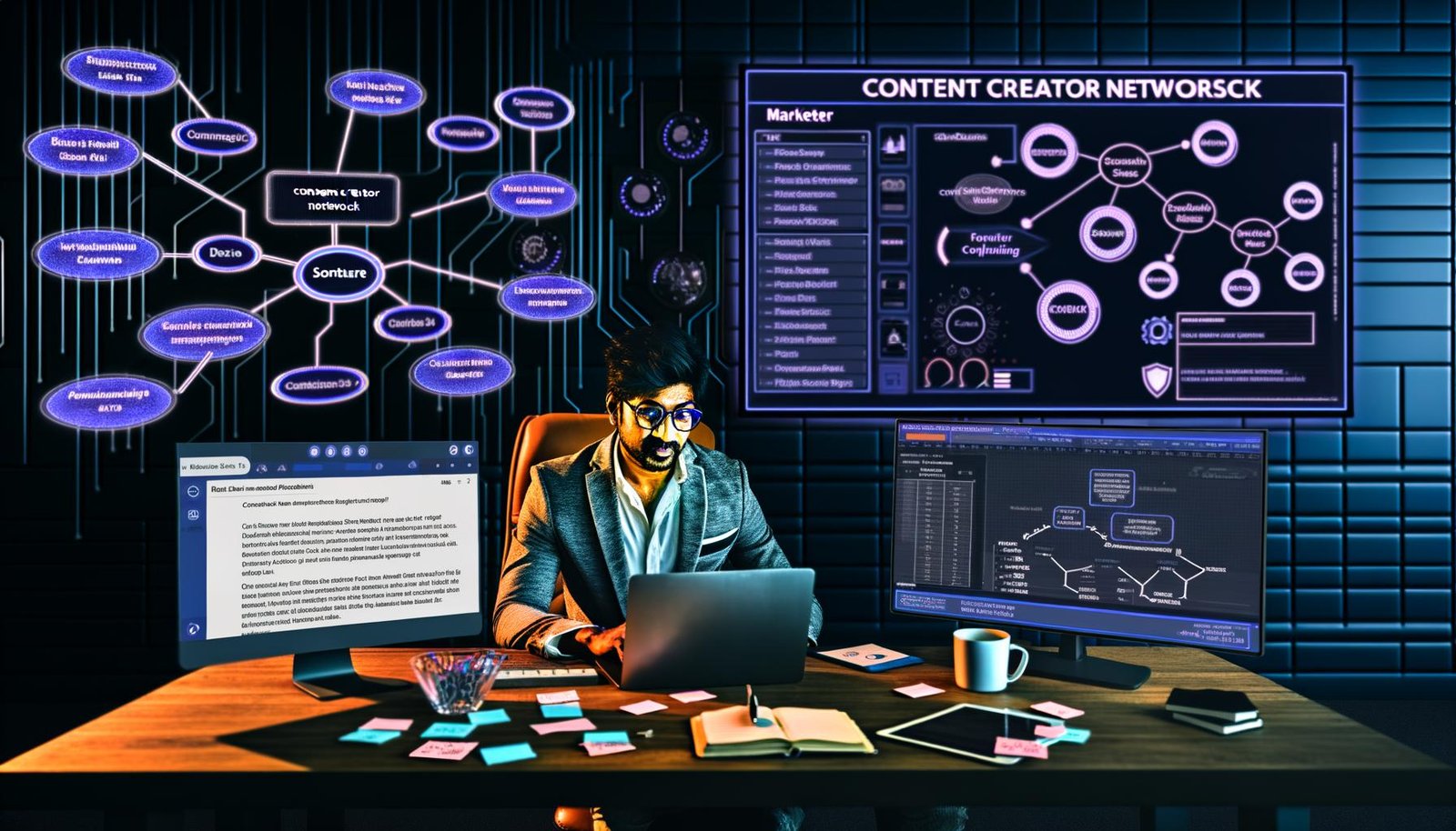 Moderner Arbeitsplatz eines Marketers mit Laptop, Tablet, Kaffeetasse, SEO-Analysen, personalisierter Blogger-E-Mail und Outreach-CRM-Dashboard, inspiriert von hochprofessionellem Blogger-Outreach im Jahr 2024.