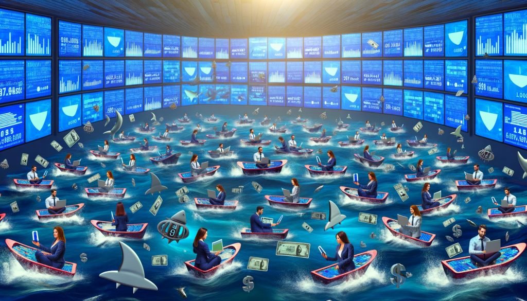 Metaphorisches Editorial-Bild: Content Creator paddeln auf Tastaturen und Smartphones in einem digitalen Wasserbecken, während Hai-Flossen aus Binärcode und Dollarzeichen kreisen. Im Hintergrund sind leuchtende Statistiken und Monetarisierungsdaten zu sehen.