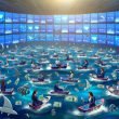 Metaphorisches Editorial-Bild: Content Creator paddeln auf Tastaturen und Smartphones in einem digitalen Wasserbecken, während Hai-Flossen aus Binärcode und Dollarzeichen kreisen. Im Hintergrund sind leuchtende Statistiken und Monetarisierungsdaten zu sehen.