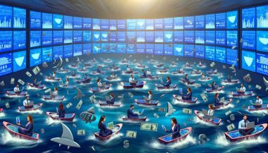 Metaphorisches Editorial-Bild: Content Creator paddeln auf Tastaturen und Smartphones in einem digitalen Wasserbecken, während Hai-Flossen aus Binärcode und Dollarzeichen kreisen. Im Hintergrund sind leuchtende Statistiken und Monetarisierungsdaten zu sehen.
