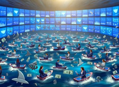 Metaphorisches Editorial-Bild: Content Creator paddeln auf Tastaturen und Smartphones in einem digitalen Wasserbecken, während Hai-Flossen aus Binärcode und Dollarzeichen kreisen. Im Hintergrund sind leuchtende Statistiken und Monetarisierungsdaten zu sehen.