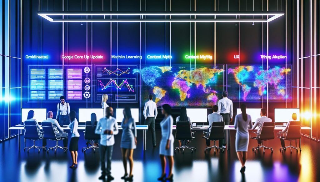 Marketing-Team in modernem Großraumbüro analysiert Google-Ranking-Graphs und SEO-Dashboards, diskutiert Begriffe wie Core Update und Machine Learning an Whiteboards, während das Google-Logo und Symbole für technische SEO und UX sichtbar sind.