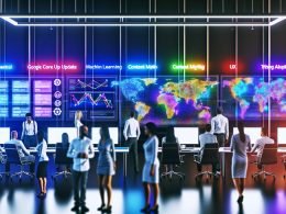 Marketing-Team in modernem Großraumbüro analysiert Google-Ranking-Graphs und SEO-Dashboards, diskutiert Begriffe wie Core Update und Machine Learning an Whiteboards, während das Google-Logo und Symbole für technische SEO und UX sichtbar sind.