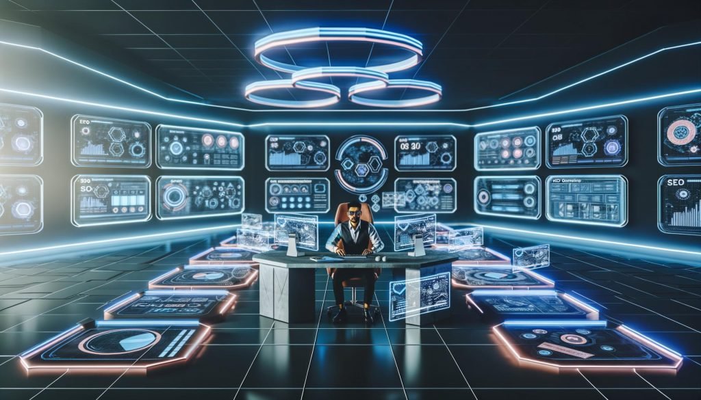 Digitale Marketerin arbeitet an einem futuristischen Schreibtisch, umgeben von Displays voller SEO-Daten, CRM-Lösungen und holografischer Analyse, in innovativer Hightech-Büroumgebung.