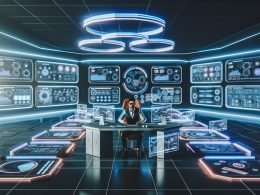 Digitale Marketerin arbeitet an einem futuristischen Schreibtisch, umgeben von Displays voller SEO-Daten, CRM-Lösungen und holografischer Analyse, in innovativer Hightech-Büroumgebung.