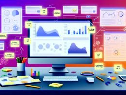 Stilisiertes digitales Marketing-Workspace mit Computer, Dashboard, UTM-Parametern und Visualisierung verschiedener Online-Marketing-Kanäle.