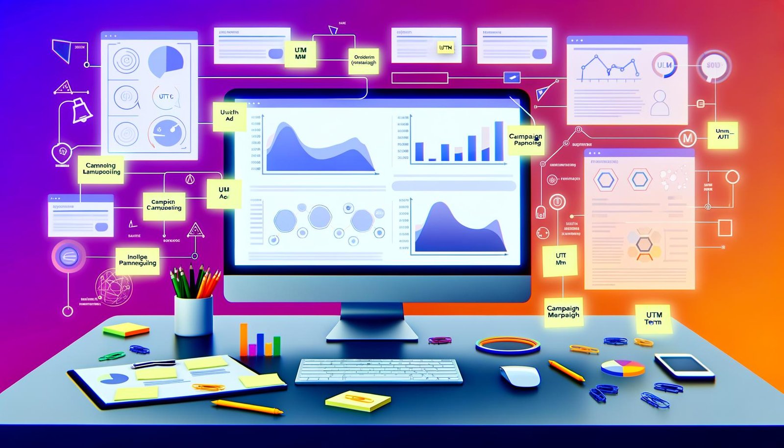 Stilisiertes digitales Marketing-Workspace mit Computer, Dashboard, UTM-Parametern und Visualisierung verschiedener Online-Marketing-Kanäle.