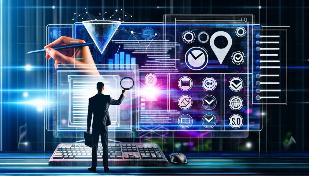 Digitale Arbeitsumgebung mit Profi, Finanzgrafiken, Conversion-Funnel, Payment-Icons, Code, SEO-Grafiken und einer Checkliste