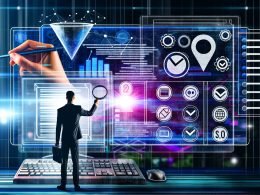 Digitale Arbeitsumgebung mit Profi, Finanzgrafiken, Conversion-Funnel, Payment-Icons, Code, SEO-Grafiken und einer Checkliste