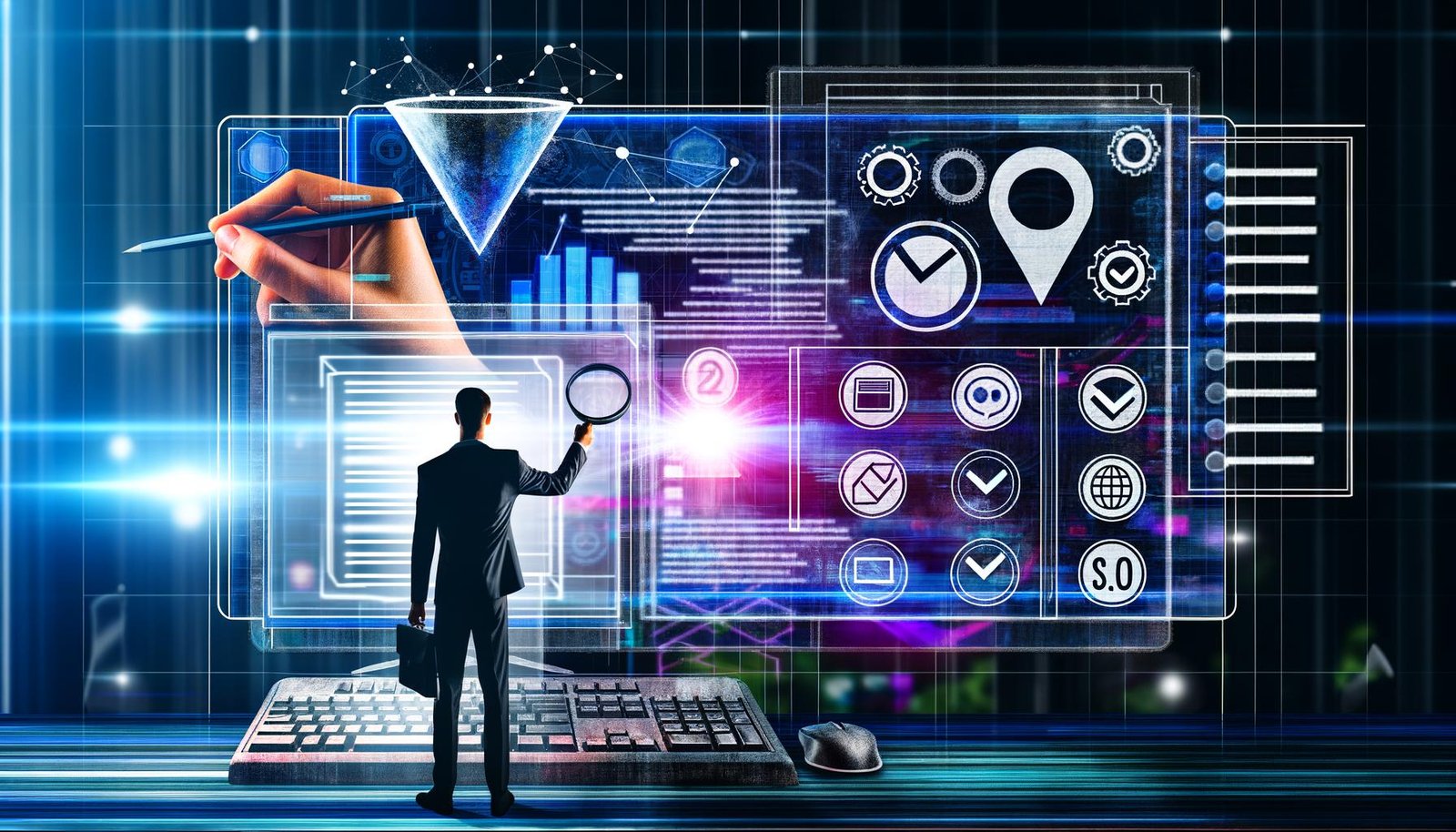 Digitale Arbeitsumgebung mit Profi, Finanzgrafiken, Conversion-Funnel, Payment-Icons, Code, SEO-Grafiken und einer Checkliste