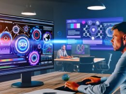 SEO-Experte arbeitet an Monitoren mit SEO-Tools, Traffic-Analysen und Suchmaschinenrankings vor Whiteboard mit Diagrammen in einer urbanen Kreativagentur.