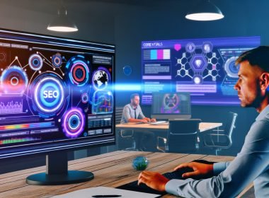 SEO-Experte arbeitet an Monitoren mit SEO-Tools, Traffic-Analysen und Suchmaschinenrankings vor Whiteboard mit Diagrammen in einer urbanen Kreativagentur.