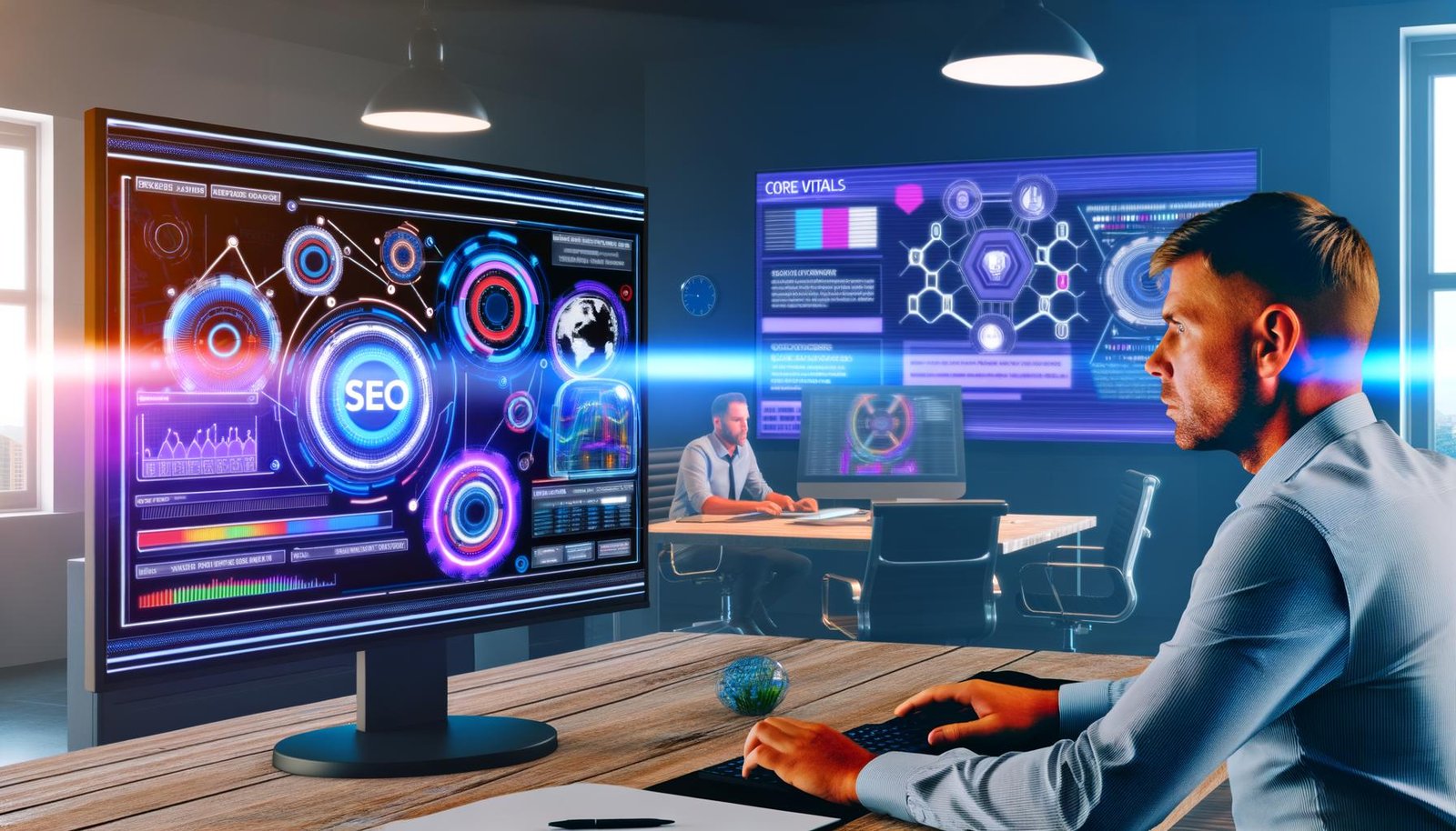 SEO-Experte arbeitet an Monitoren mit SEO-Tools, Traffic-Analysen und Suchmaschinenrankings vor Whiteboard mit Diagrammen in einer urbanen Kreativagentur.
