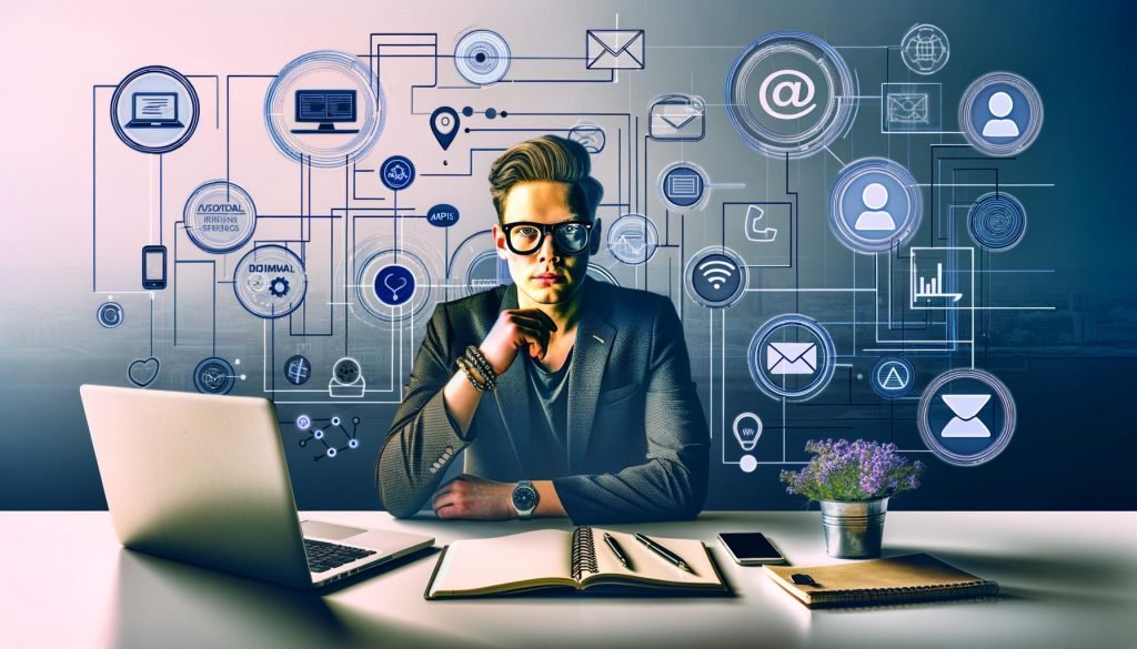 Moderne Header-Illustration: Ernst blickender Blogger vor Laptop an einem stylischen Arbeitsplatz, umgeben von technischen Icons und digitalen Datenströmen, vor dem Hintergrund von Netzwerk- und E-Mail-Symbolen.