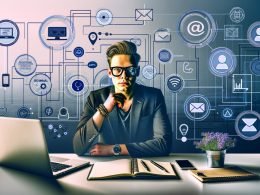 Moderne Header-Illustration: Ernst blickender Blogger vor Laptop an einem stylischen Arbeitsplatz, umgeben von technischen Icons und digitalen Datenströmen, vor dem Hintergrund von Netzwerk- und E-Mail-Symbolen.