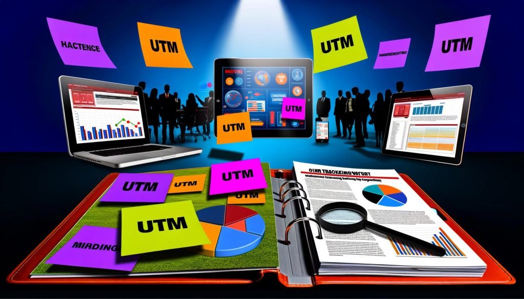Aufgeschlagene Marketing-Mappe mit bunten UTM-Parameter-Klebezetteln, umgeben von Laptop, Smartphone und Tablet mit offenen Analysedashboards; Silhouetten von Marketing-Fachleuten im Hintergrund.