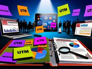 Aufgeschlagene Marketing-Mappe mit bunten UTM-Parameter-Klebezetteln, umgeben von Laptop, Smartphone und Tablet mit offenen Analysedashboards; Silhouetten von Marketing-Fachleuten im Hintergrund.
